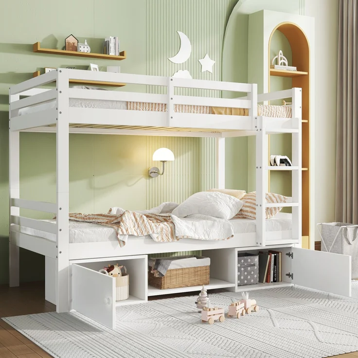 Bett 90x200 cm, teilbar in 2 Einzelbetten mit integriertem Stauraum und Schuhregalen – weißes Etagenbett für Kinder und Jugend – Bild 2