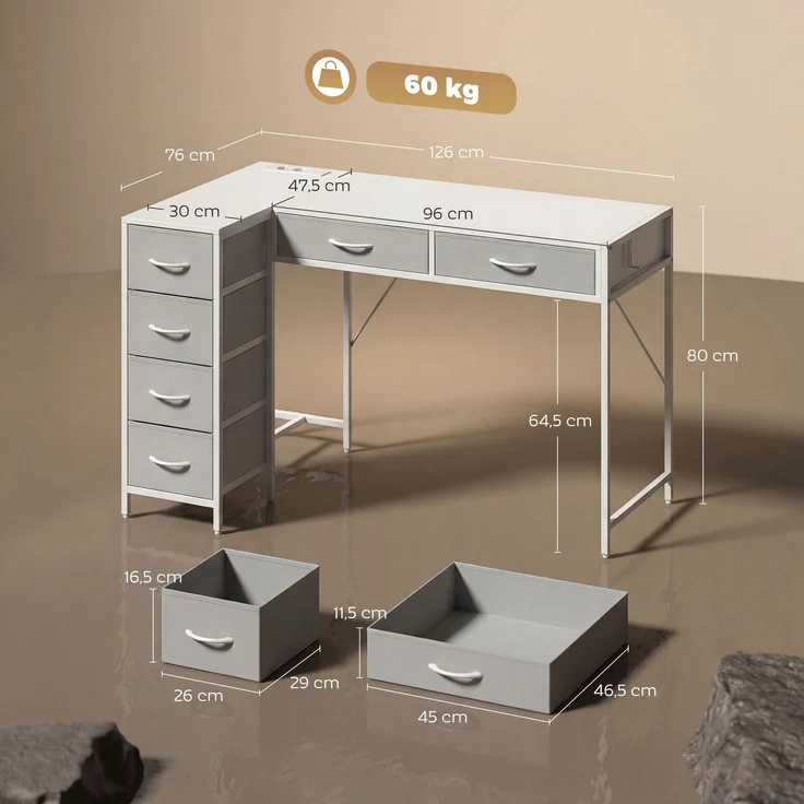 JARDJ Wendbarer Eckschreibtisch mit 6 Schubladen (126 x 48 cm), Steckdose, USB- und USB-C-Ladeanschluss, Weiß – Bild 5