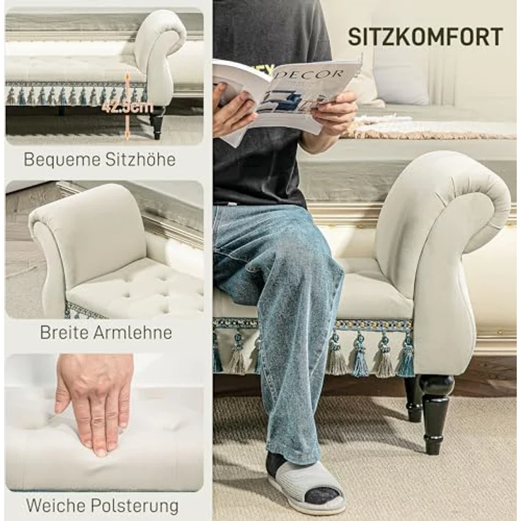 HOMCOM Polsterbank Hockerbank, Luxus Bettbank mit Holzbeine (Sitzbank, 1-St, Flurbank), für Schlafzimmer, Beige – Bild 7
