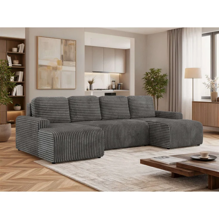 Modernes Familiensofa NESSARO U, Wohnlandschaft U-Form mit Schlaffunktion und Bettkasten, DL-System, lose Kissen, Rückenkissen, Bonellfederkern - Grau Cord – Bild 1