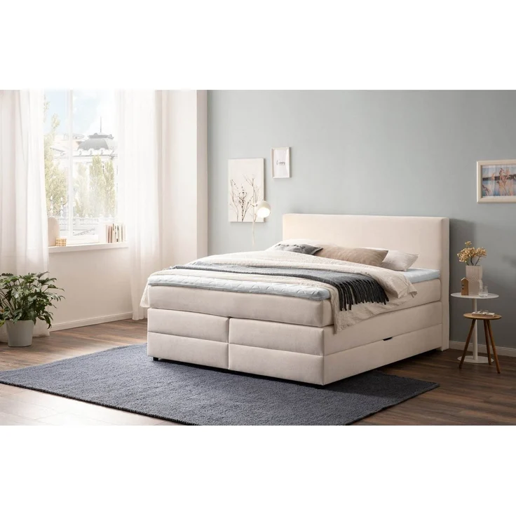Belanoti Boxspringbett LOFT (Boxspringbett 160x200 mit Bettkasten, 7-Zonen Taschenfederkern Matratze inklusive Visco Topper), Bett 160x200 in der Farbe Beige H2/H3 Polsterbett – Bild 1