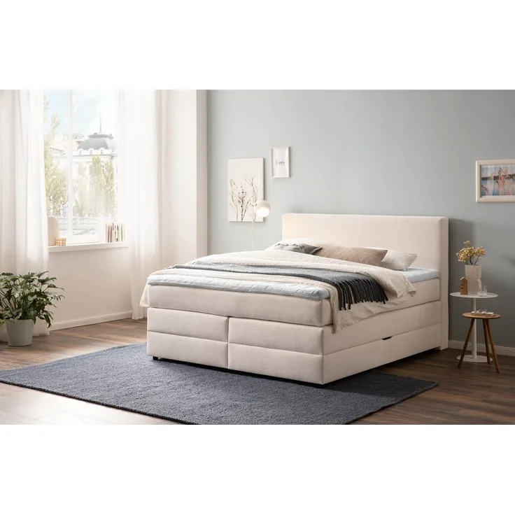 Belanoti Boxspringbett LOFT (Boxspringbett 160x200 mit Bettkasten, 7-Zonen Taschenfederkern Matratze inklusive Visco Topper), Bett 160x200 in der Farbe Beige H2/H3 Polsterbett