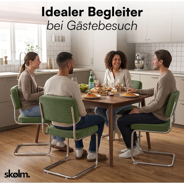 skølm 'Thund' Esszimmerstühle 4er Set, dunkelgrün, Polsterstuhl aus Cord mit verchromten Metallgestell, Schwingstuhl bis 120 kg belastbar – Bild 10