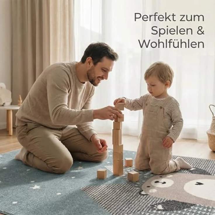 Teppich Kinderzimmer - Teppiche für Kinderzimmer, Kinderteppich Junge, Kinderteppich mit Bergen, Bär, Panda, Sterne, (Türkis-Beige, Größe: 160x230 cm) – Bild 5
