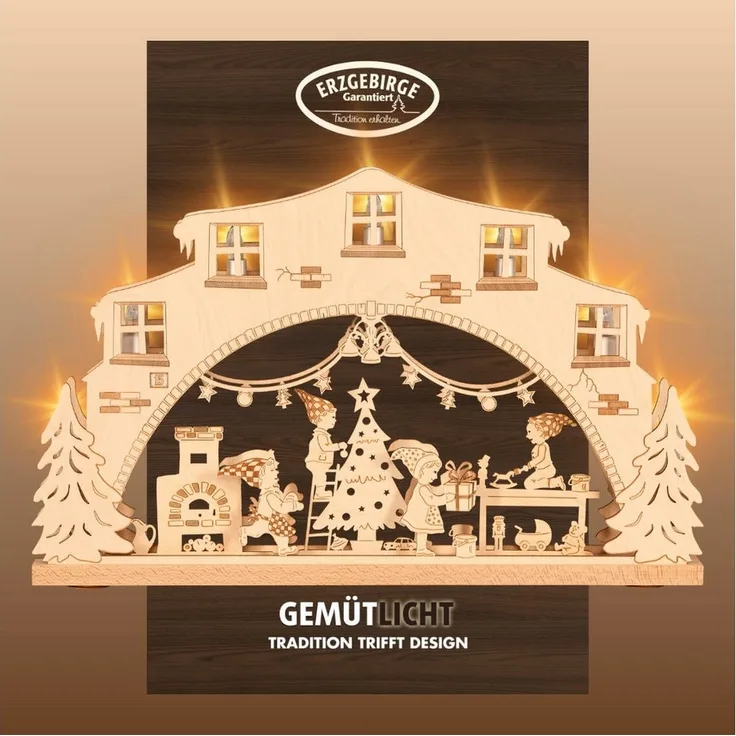 Weigla Schwibbogen Wichtelwerkstatt, Lichterbogen aus Holz, NATUR, Made in Germany, Erzgebirge garantiert, Weihnachtsdeko Innen, Weihnachtsbeleuchtung