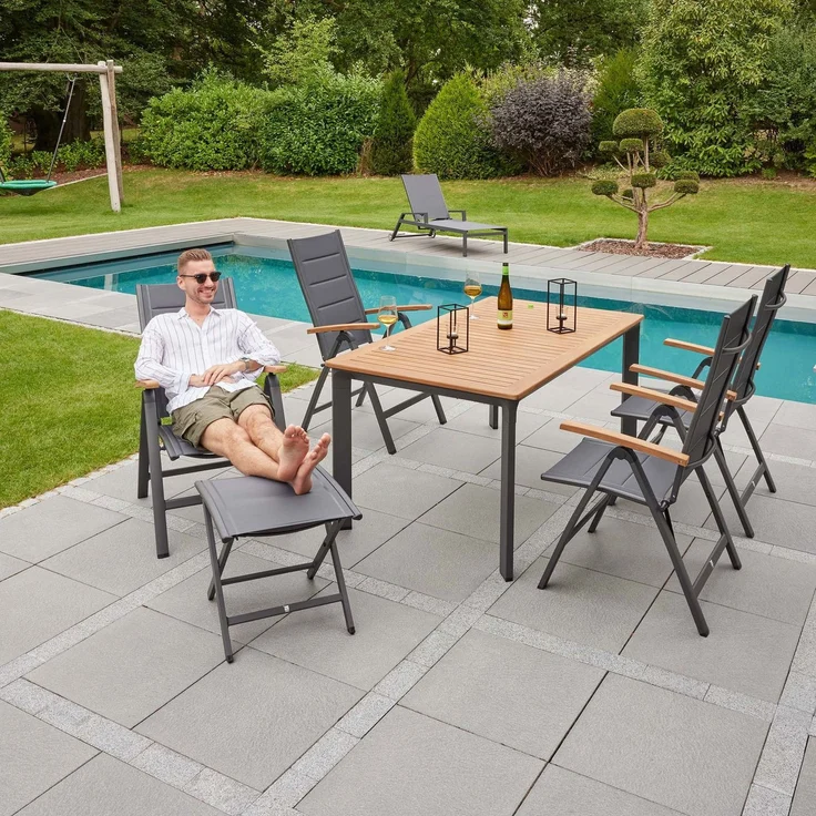 UNICAMO Klappstuhl, mit Teak Armlehnen, Sitz & Rückenlehne Textil – Bild 9