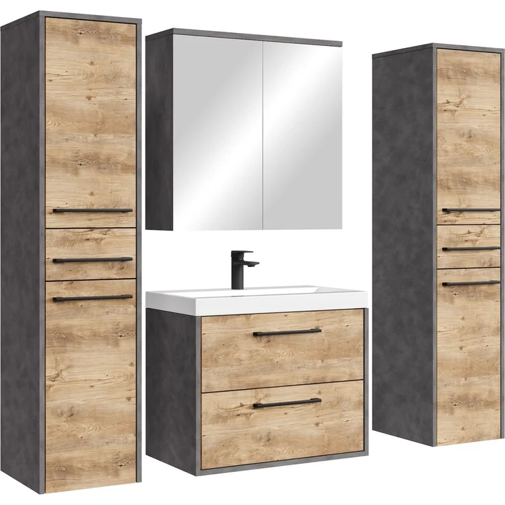 Badplaats Badmöbel Komplettset Florence XL 60 x 35 cm Kastanien Eiche mit Dunkel Grau - Badezimmermöbel mit Waschbecken, Spiegelschrank und 2 Hochschränke – Bild 1