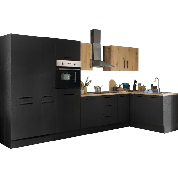 Turin LB Eckküche 360 x 211 x 60 cm, schwarz - Ohne Küchengeräte - Moderne, geräumige Küche in Artisan-Eiche Optik mit viel Stauraum
