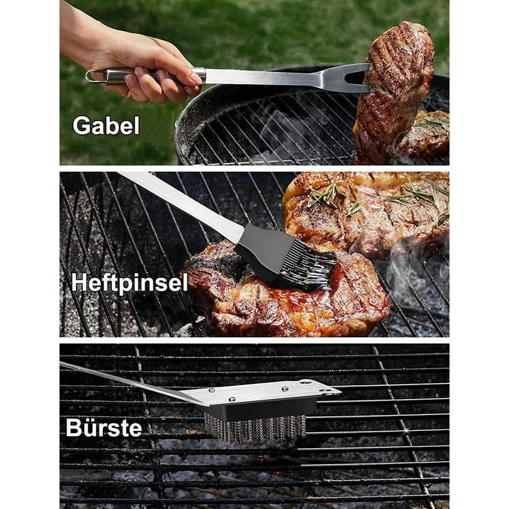 Grillbesteck Set Edelstahl Grill Geschenke Zubehör mit Schürze und Koffer, 1x Grillbesteck-Set (21-tlg.) – Bild 3