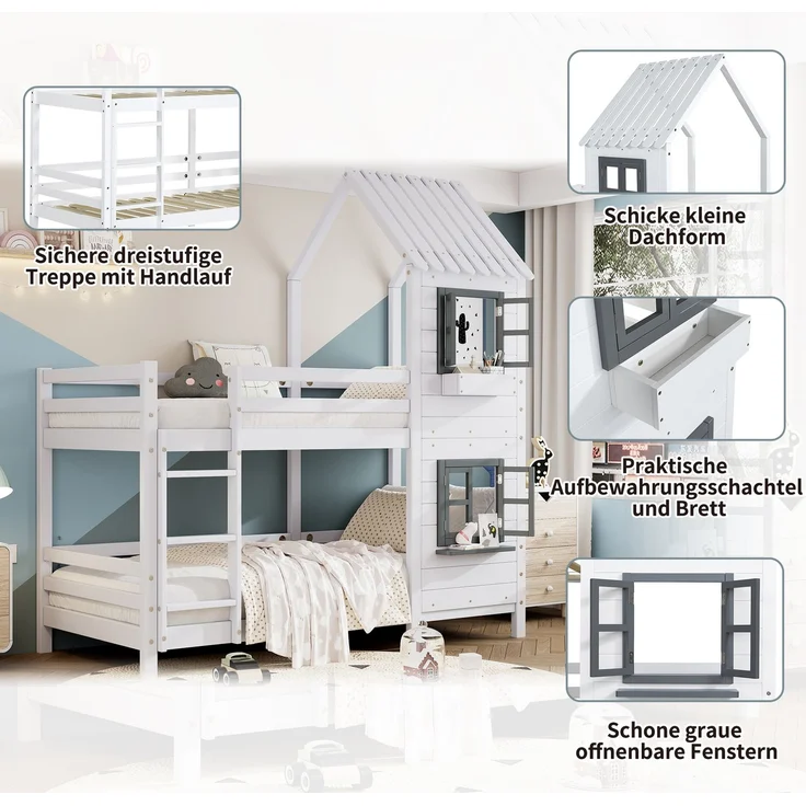 Merax Etagenbett mit Handlauf und Fenster, Hausbett, Kinderbett mit Fallschutz und Gitter, Rahmen aus Kiefer, weiß (90x200cm) – Bild 5