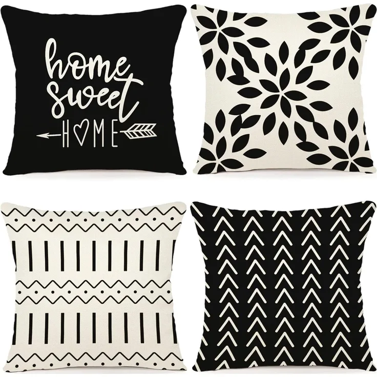 Kissenbezüge 45 × 45 cm 4er-Set Schwarz, Moderne Outdoor Leinen Dekokissen für Sofa Bett Auto