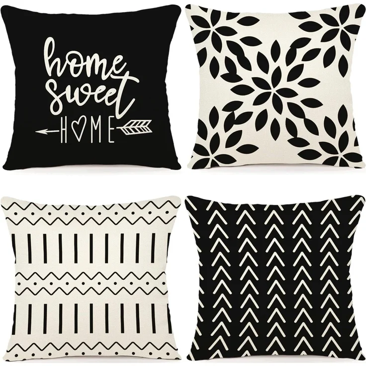 Kissenbezüge 45 × 45 cm 4er-Set Schwarz, Moderne Outdoor Leinen Dekokissen für Sofa Bett Auto – Bild 1