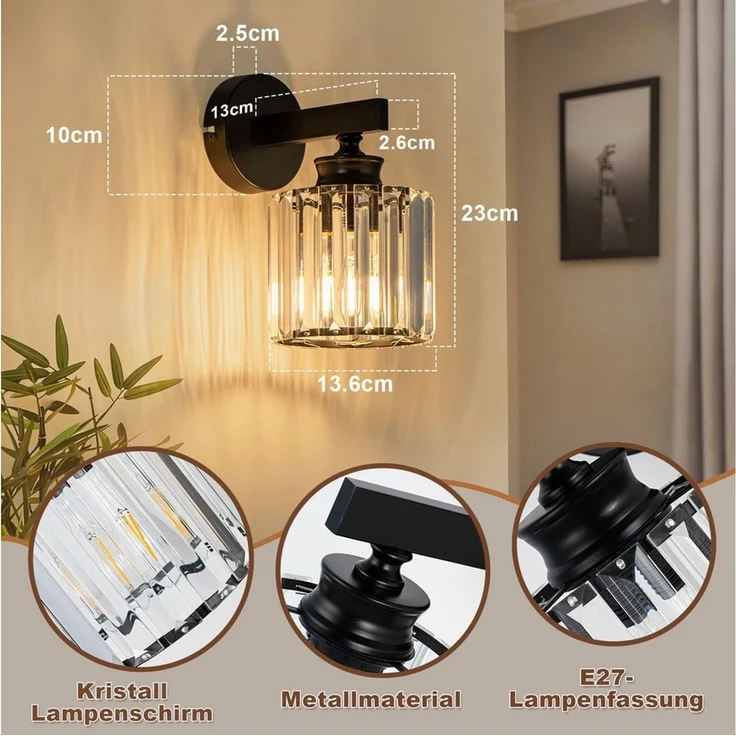 Nettlife Wandleuchte Kristall moderne Wandlampe E27 Wandbeleuchtung als Nachttischlampe, ohne Leuchtmittel, für Schlafzimmer, Wohnzimmer, Flur, Treppenhaus – Bild 2
