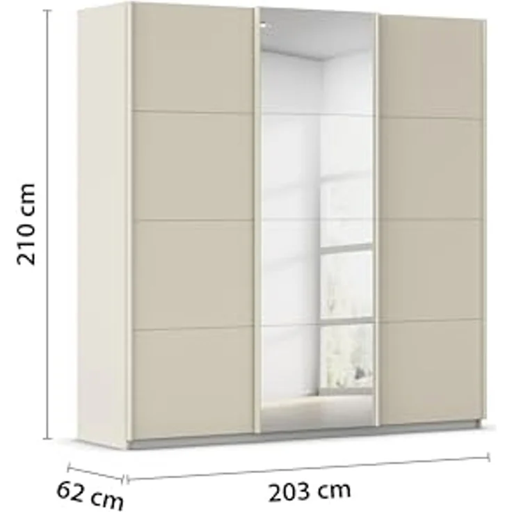 Rauch Möbel Kulmbach, Kleiderschrank mit Schwebetüren für Schlafzimmer, Kinderzimmer, Jugendzimmer, Garderobe, Flur, 3-türig, mit Spiegel, Zubehör Basic, Farbe Beige, Breite 203 cm – Bild 3