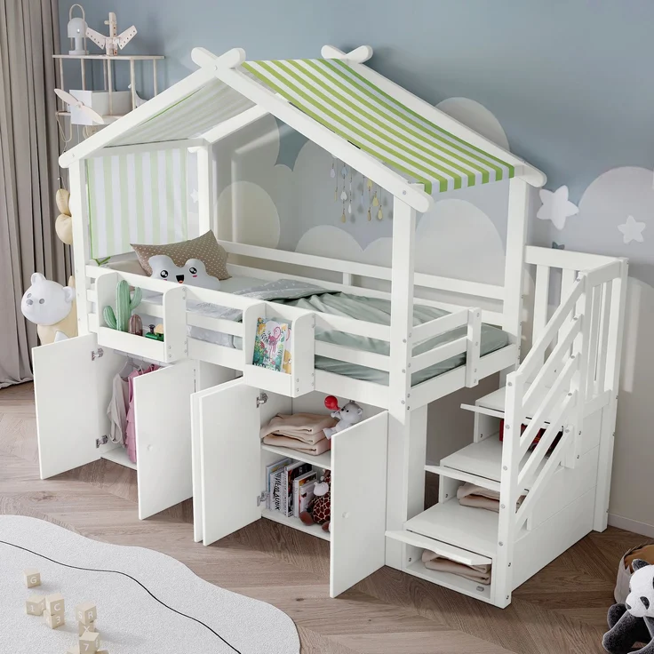 Merax Etagenbett, Kinderbett 90x200cm, mit Fallschutzgitter, 1 Kleiderschrank und 2 Schließfächer, mit 3 Schließfächer in der Treppe, gestreifter Stoff, Kiefer+MDF+Sperrholz, Weiß+Grün – Bild 1