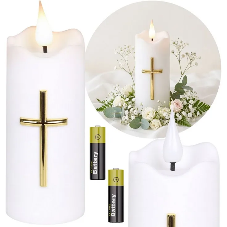 Sarcia. eu LED-Kerze Weiße LED-Kerze mit Kreuz, Flammeneffekt und Batterien, 13 cm