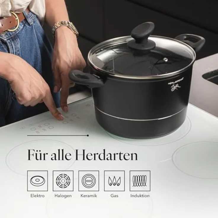 FLORINA Aluminium Topf (5 l) 22 cm I Kochtopf DELUX mit Glasdeckel I Messbecher & Antikratz-Beschichtung I Hoher Topf mit Induktionsboden I Induktionsherd, Gasherd, Elektroherd (Schwarz) – Bild 3
