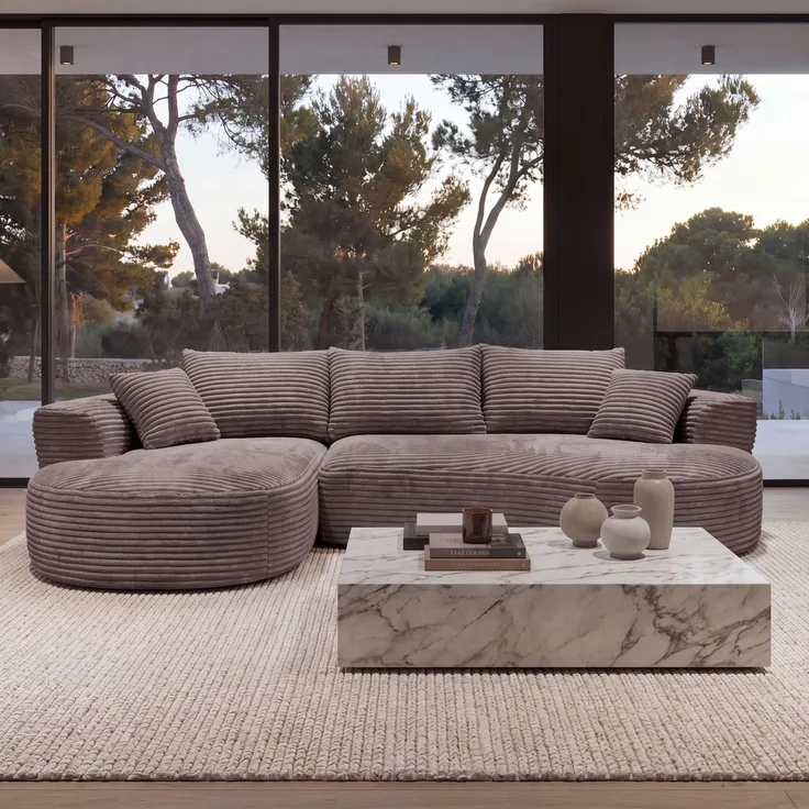 Sofa-Garnitur HWC-P19, 3-Sitzer Couch Loungesofa, Stoff/Textil Cord (370 g/m²) Liegefläche links ~ braun