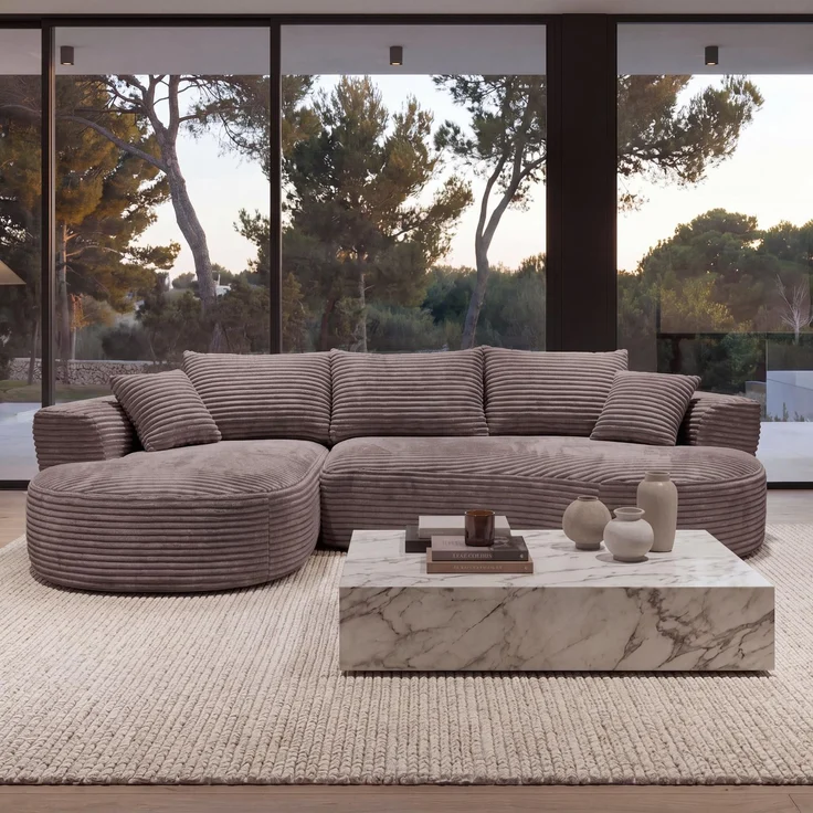 Sofa-Garnitur HWC-P19, 3-Sitzer Couch Loungesofa, Stoff/Textil Cord (370 g/m²) Liegefläche links ~ braun – Bild 1