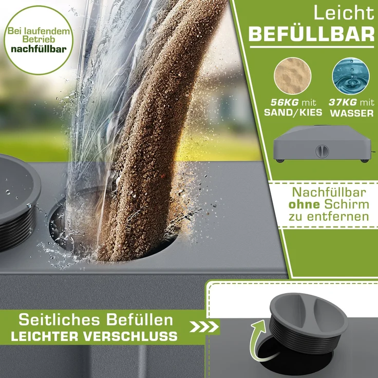 tillvex® Sonnenschirmständer GRAVIA mit Rollen & Bremsen Anthrazit | Schirmständer befüllbar 37 Liter / 56 kg | Schirmgewicht Sonnenschirm & Marktschirm Ø 1,8-3,7m | Ampelschirmständer wetterfest – Bild 4