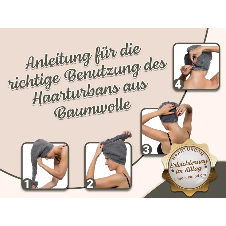 ZOLLNER Haarturban / Kopfhandtuch aus Baumwolle, 64 cm, grau – Bild 3