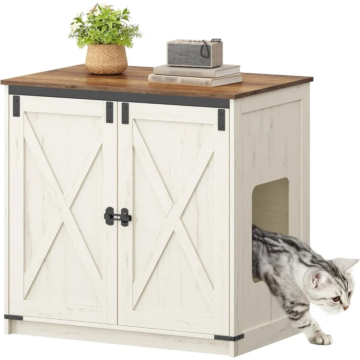 Katzenklo Schrank, Verstecktes Katzenschrank mit Stauraum, Katzenhaus mit Magnetischen, Bauernhausstil, 80 x 50 x 79,5 cm, Geeignet für Flur, Schlafzimmer, Vintagebraun-Weiß – Bild 2