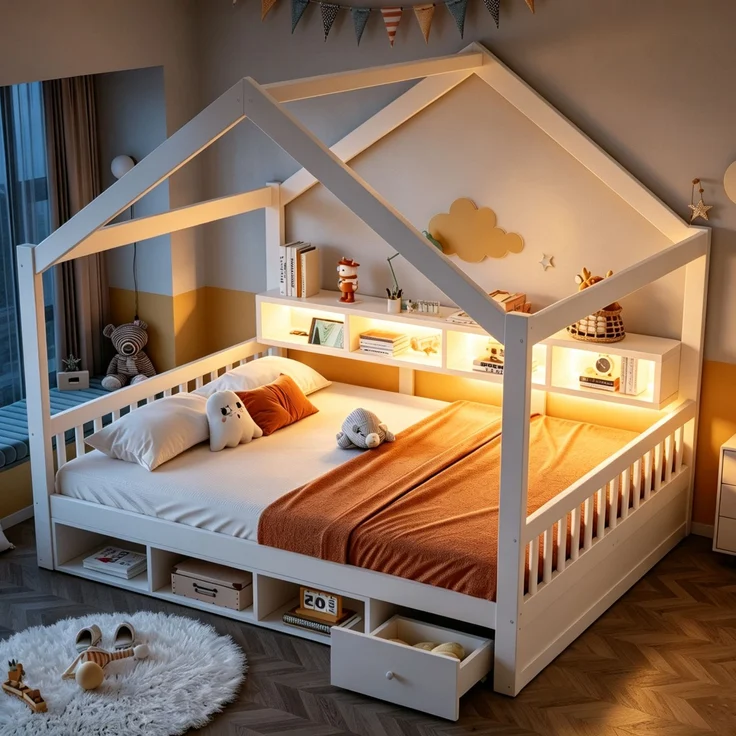 Bett 140x200 cm aus Kiefernholz und MDF, weiß, mit Dachrahmen, Stauraum und LED, ohne Matratze – Bild 3