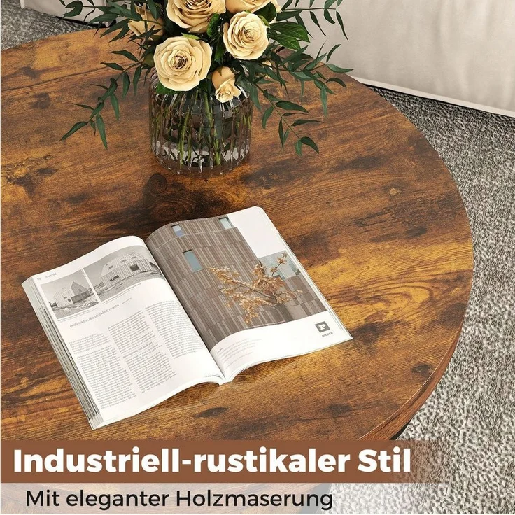 COSTWAY Couchtisch, Couchtisch rund, Sofatisch Holz mit 2 Ebenen & Metallrahmen 80cm – Bild 2