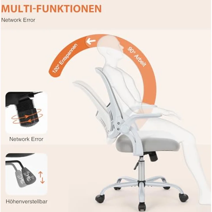 Sweetcrispy Bürostuhl Ergonomisch, Schreibtischstuhl mit Lendenwirbelstütze, Höhenverstellbarkeit Stuhl, Bürostühle mit Armlehne, Office Chair Geeignet für Büro und Schlafzimmer, Grau – Bild 7