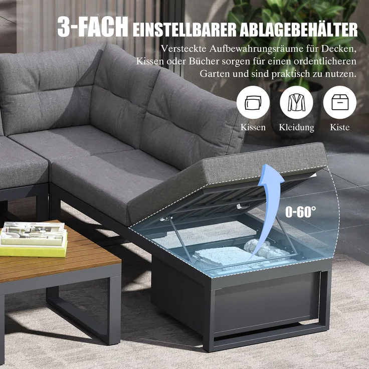 ZUBALIYA Garten-Loungeset - 191,5 x 191,5 x 79 cm , Grau , Polyester , verstellbare Rückenlehne , mit Stauraum – Bild 5