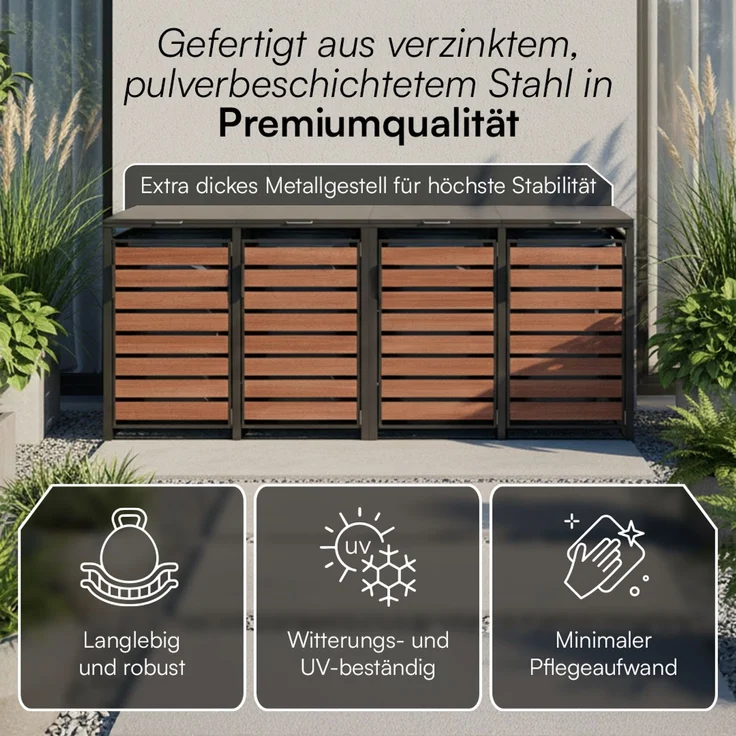 STEELSØN 'Kestra' Mülltonnenbox 4er je 240 Liter, graphitschwarz mit Nußbaum-Holzoptik, Mülltonnenverkleidung aus Stahl, wetterfest, 116x80x268 cm, Müllbox für 4 Tonnen – Bild 4