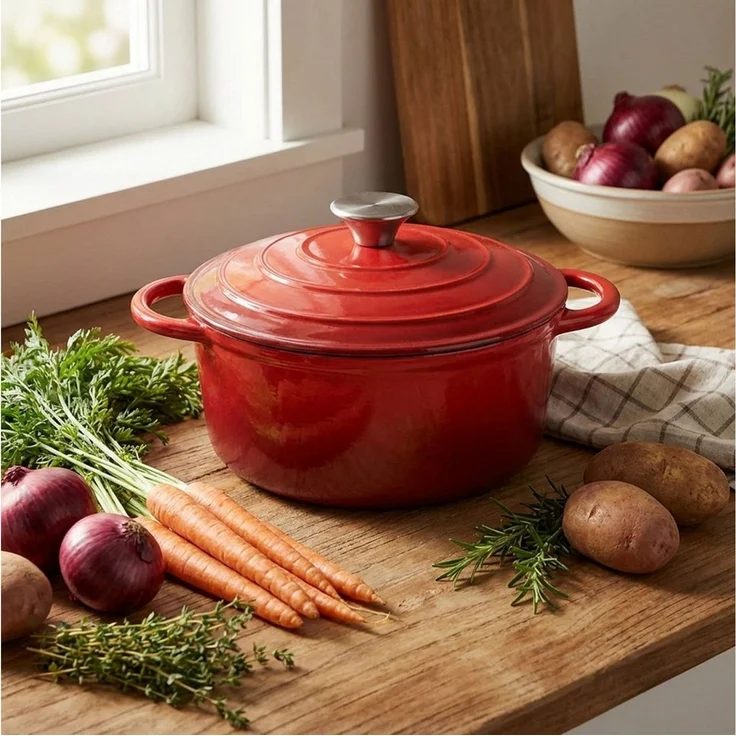 Casativo Schmortopf Gusseisen Topf mit Deckel 22cm Rund 2,2LBräter mit Deckel Rot, Gusseisen, backofenfest/Ø22 x H6,9 cm/3,7 kg/für Hobby-Köche – Bild 1
