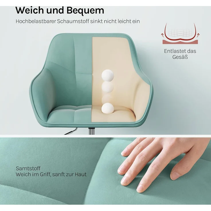 WOLTU Homeoffice Stuhl, Schreibtischstuhl, Drehstuhl, Schminkstuhl, höhenverstellbar, bis 150 kg belastbar, mit Armlehnen Samtsitz, für Schlafzimmer Büro Wohnzimmer, Türkis BS145ts – Bild 6
