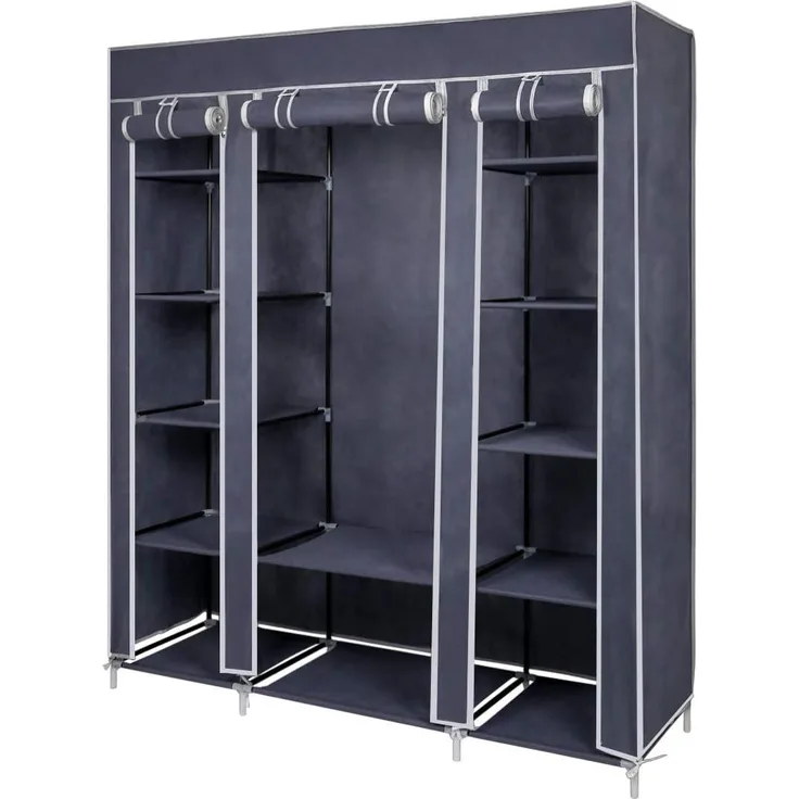 Mondeer Stoffschrank für Schlafzimmer, Kleiderschrank, zusammenklappbar, mit sechs Reißverschlüssen und DREI Türen, schneller Zugriff, 175 x 150 x 45 cm, großes Stauraum, Grau