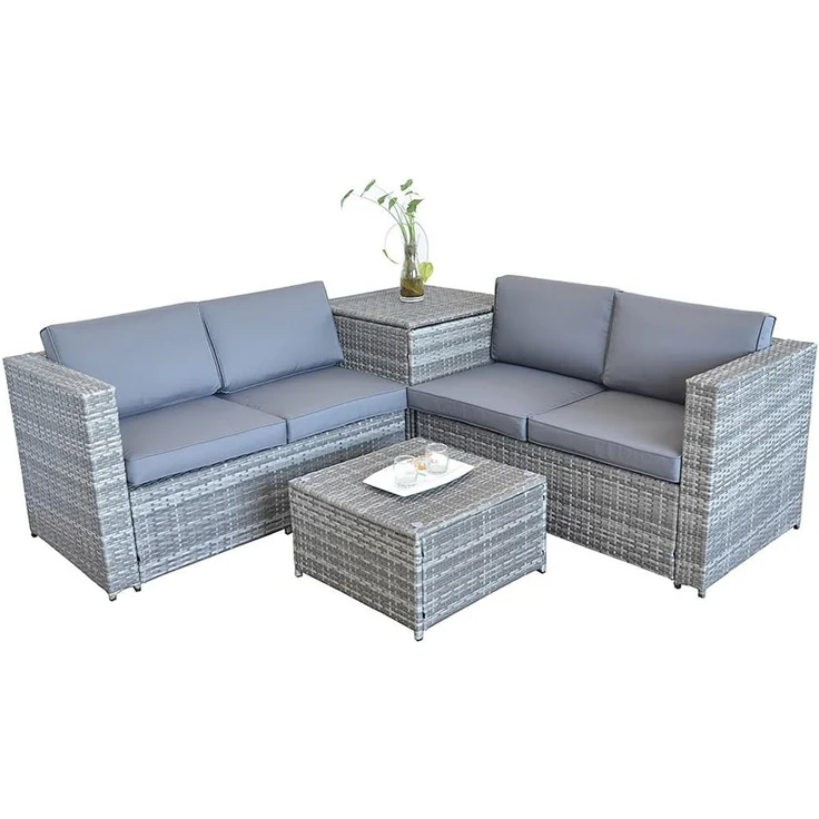 XXL PolyRattan Sitzgruppe + Auflagenbox Garten Sofa Sitzgarnitur Gartenset Grau – Bild 3
