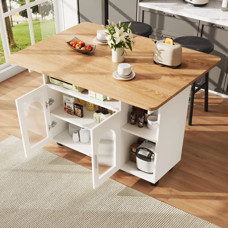 Kücheninsel, modernes Küchensiland, Küchenschrank, abnehmbare Servierwagen-Buffetschrank, Speisewagen mit Holzmaserung, multifunktionaler Esstisch mit Stauraum, Holzoptik, Weiß – Bild 1