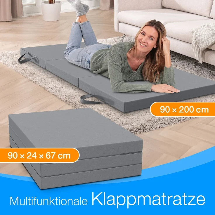 ELONEO Klappmatratze 90x200 cm, 8 cm hoch, Gästematratze klappbar, Faltmatratze, Faltbare Matratze, Bandscheibenwürfel, Reisematratze, Gästebett klappbar, Klappbett waschbar, grau – Bild 3