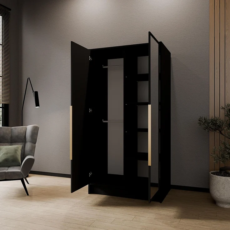 MEBLINI Kleiderschrank LUSINDA 100cm - Schwarz Matt - mit goldfarbenen Griffen - Drehtürenschrank mit einem Spiegel - Kleiderstangen und Regalböden – Bild 2