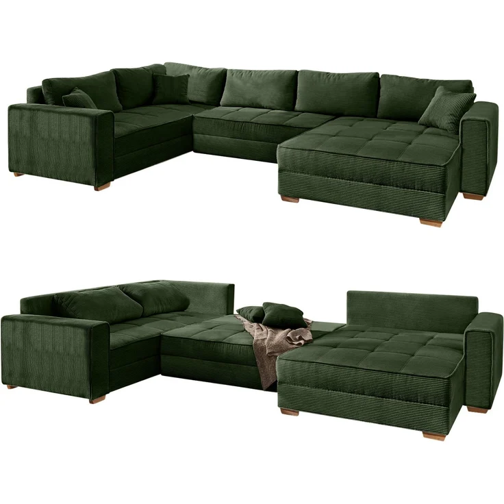 Wohnlandschaft U-Form Sofa Schlaffunktion Couch Bettkasten Cord in Grün – Bild 9