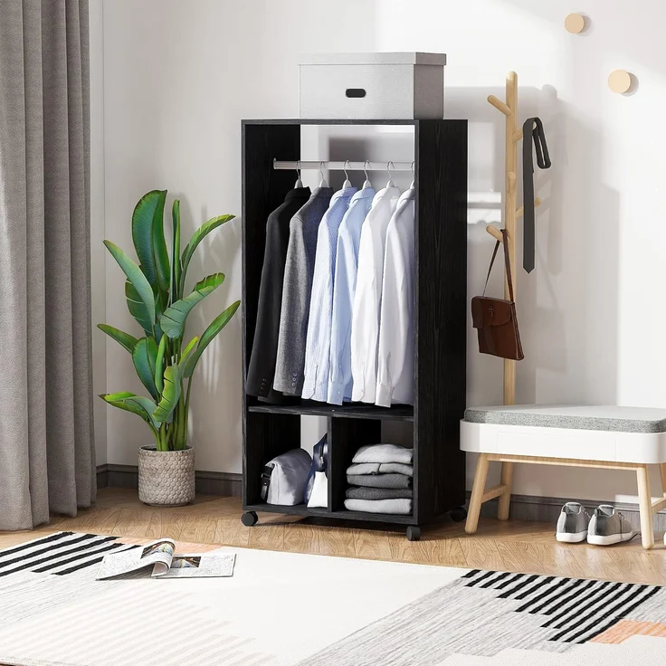 HOMCOM Kleiderschrank, 2 Fächer, 4 Lenkrollen, Maße: 60 x 40 x 128 cm, Schwarz – Bild 2