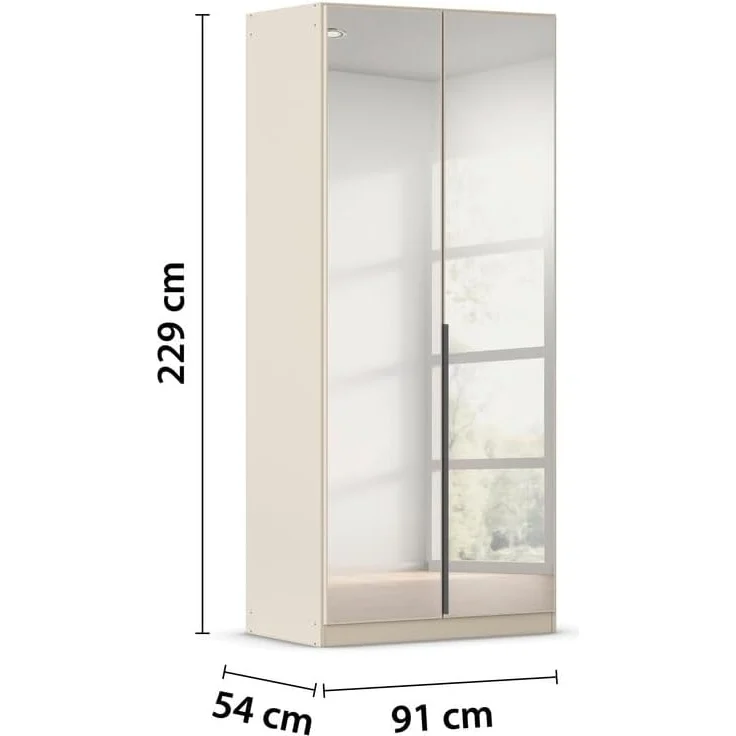 Rauch Möbel Alabama, Kleiderschrank, Garderobenschrank, 2-türig, Spiegel, Zubehör Basic, 1 Kleiderstange, 2 Einlegeböden, Farbe Beige, Griff Grau metallic, 91 x 229 x 54 cm – Bild 3