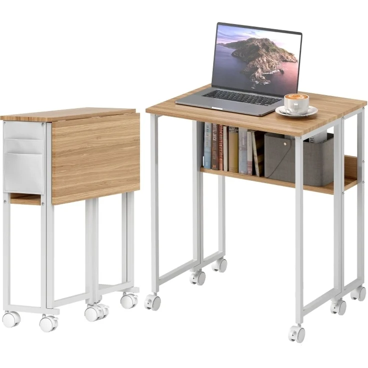 Klappschreibtisch aus Holz mit Regal und Rollen, 63x50x75 cm, Natur – Bild 3