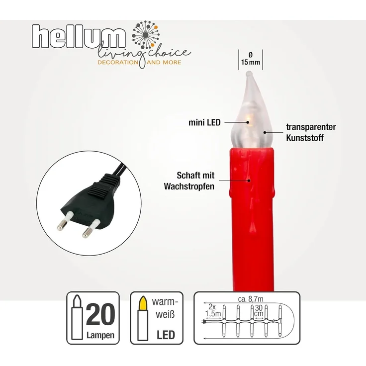 hellum Lichterkette LED Kerzen rot, Lichterkette innen mit 20 LEDs warmweiß, Kabel grün, 5,7m beleuchtet + 2x1,5 m Zuleitung, Kerzen, Weihnachtsbaum, Hellgkeit – Bild 2