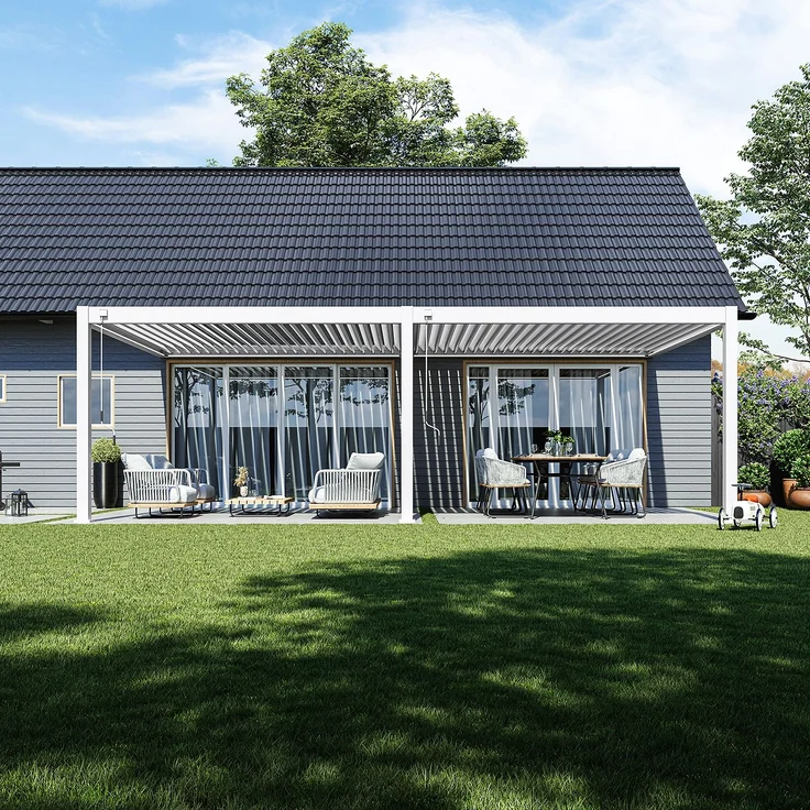 Weide Deluxe Plus Wand-Pergola Voll-Aluminium 4x8m mit Lamellendach weiß – Bild 2