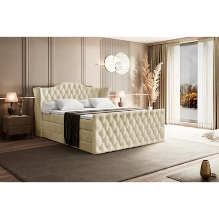 ALTDECOR VILA-Z KING Boxspringbett 180x200 cm, Beige Samt, 2 Matratzen (H3, H4), Topper, Bettkasten und Lattenrost, Polsterbett mit Stauraum – Bild 5