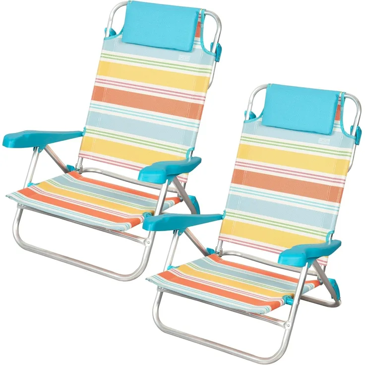 AKTIVE Santorini 62419 Strandstühle, zusammenklappbar, 47 x 49 x 82 cm, 7 Positionen, Aluminium und Textilene gestreift, Mehrfarbig, mit Kissen und Handgriffen, Modell Santorini