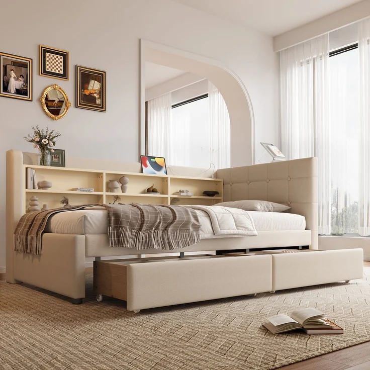 Daybett 90x200 cm mit 2 Schubladen, USB- & Typ-C-Anschlüssen, gepolstertem Leinenbezug und elegantem Knopfdesign, Beige – Bild 4