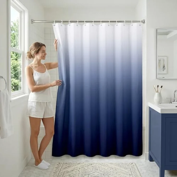 Americanflat Duschvorhang, 100% Polyester, wasserabweisend, mit Metallösen und 12 Duschvorhangringen, Farbverlauf, Duschvorhänge für Badezimmer, 71 x 74 cm, Blau – Bild 5