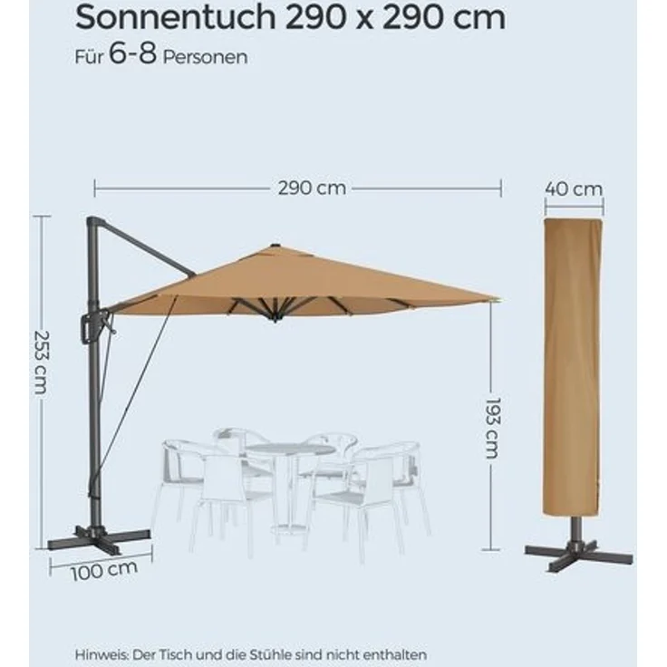 Songmics Sonnenschirm mit Ständer, 360° drehbar, UPF 50+, Khaki, 253 x 290 x 290 cm – Bild 4