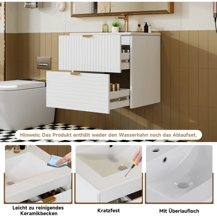 61*46*57cm Wandhängender Waschtisch, MDF volllackiert, zwei geräuschlose Schubladen, horizontal und vertikal strukturierte Schubladenfronten, integriertes Waschbecken, Weiß – Bild 6